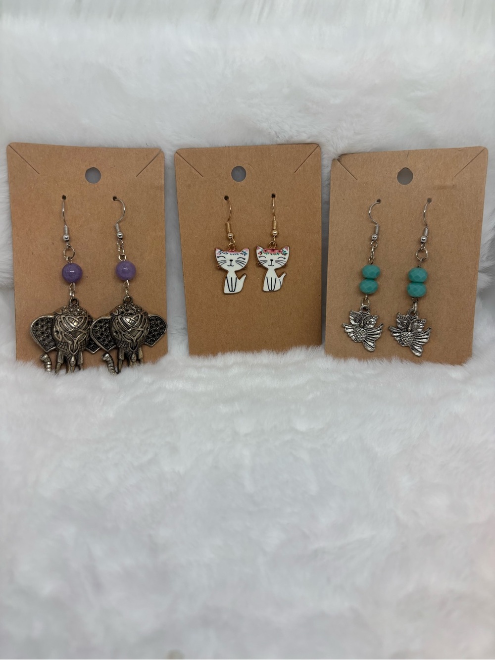 Earring Bundle White Cat, Purple Elephant & Turquoise Owl Earring